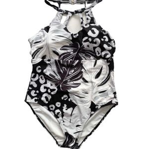 anasabi high neck cutout one piece Swimsuit L leaf